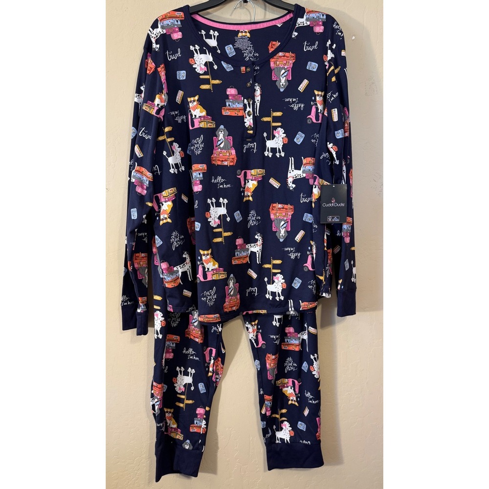 Cuddl Duds Pajama Set Women XXL Navy Blue Travel Dog Print Henley Jogger 2pc NEW